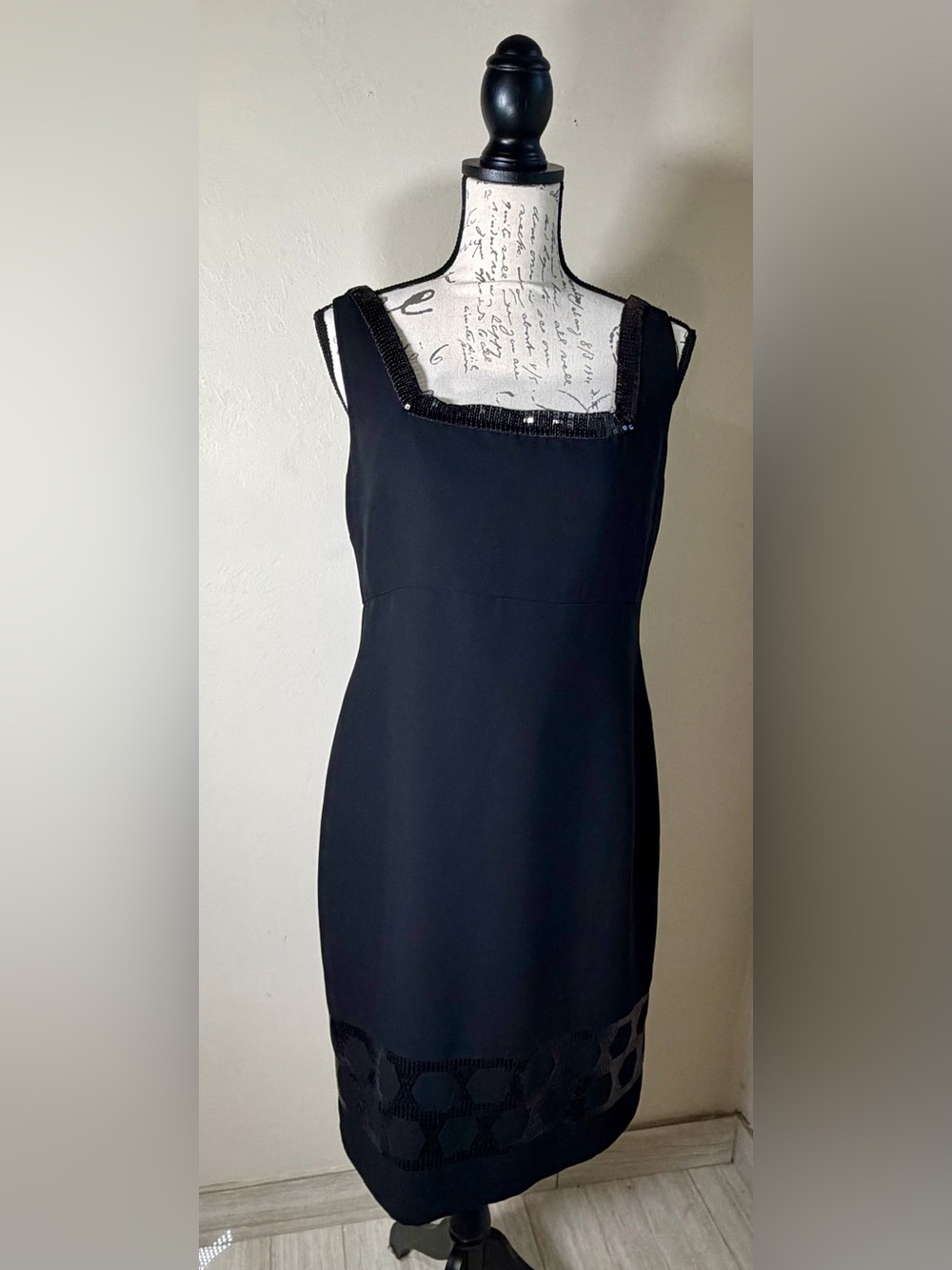 Jones New York Black Midi Dress with Beaded Square Neck